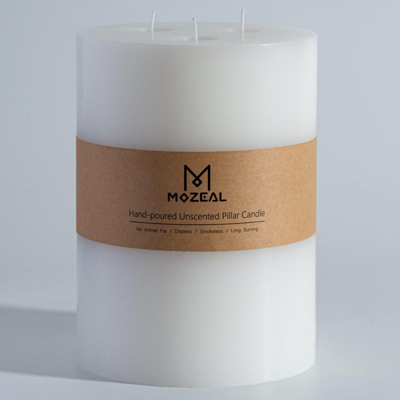 MOZEAL Extra Large 3 Wick White Pillar Candle  6"" x 6""  Unscented  Dripless  Smokeless  and Clean-Burning. Approx. 160 Hours of Burn Time. Perfect for Weddings  Dinners  Christmas and Home Decor - Image 1